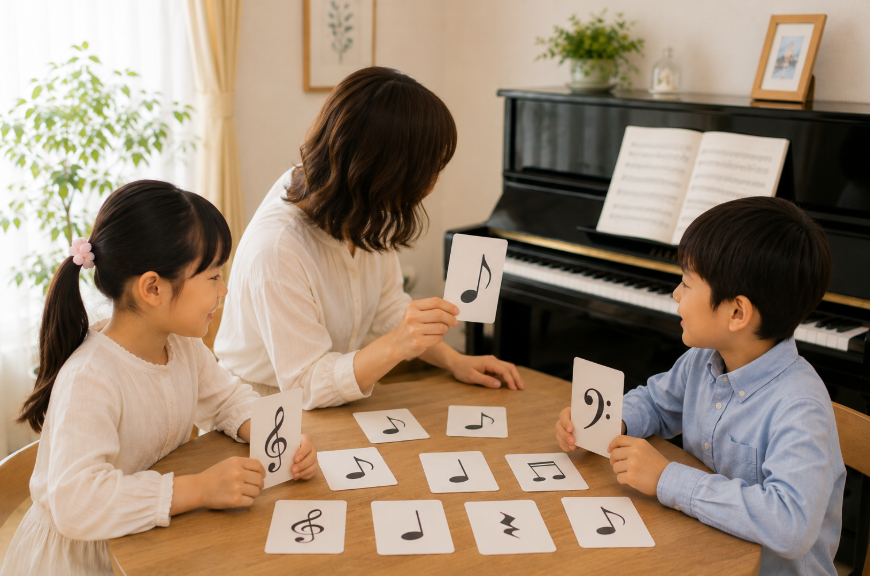 先生と子どもたちが音符カードで遊ぶ様子