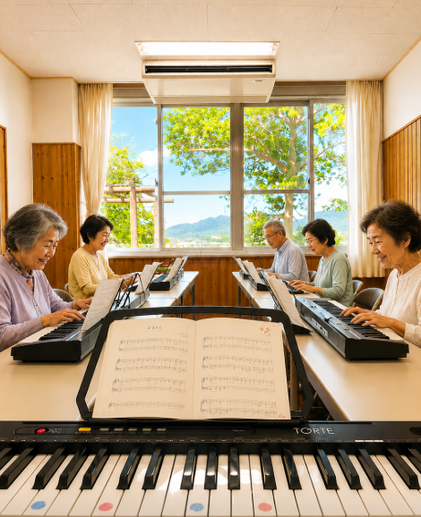 宗像市日の里コミュニティセンターでの大人の脳トレピアノ講座の様子