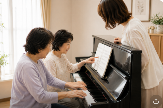 シニアのおふたりに先生が寄り添って教える様子